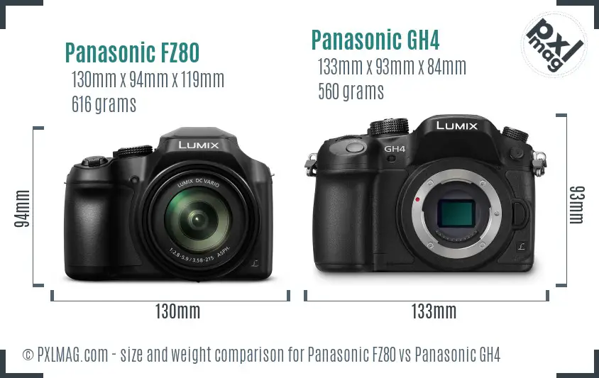 Panasonic FZ80 vs Panasonic GH4 size comparison
