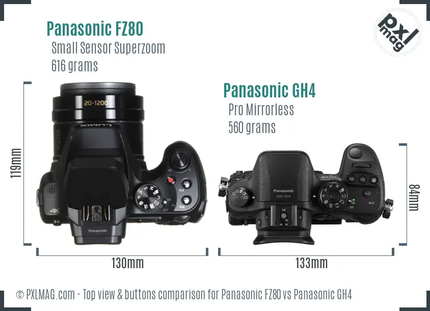 Panasonic FZ80 vs Panasonic GH4 top view buttons comparison