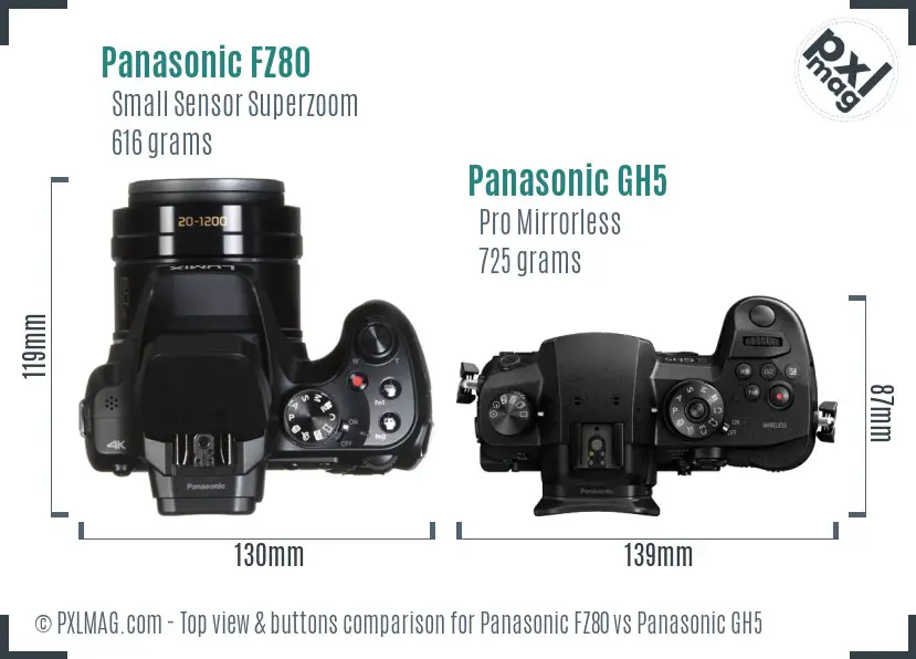 Panasonic FZ80 vs Panasonic GH5 top view buttons comparison