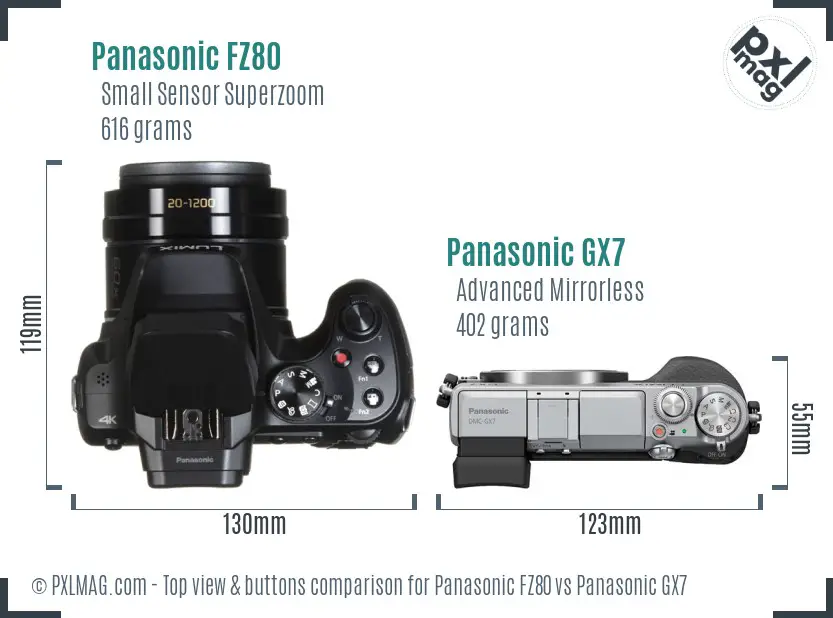 Panasonic FZ80 vs Panasonic GX7 top view buttons comparison