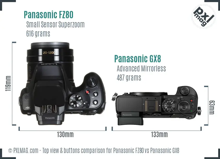 Panasonic FZ80 vs Panasonic GX8 top view buttons comparison
