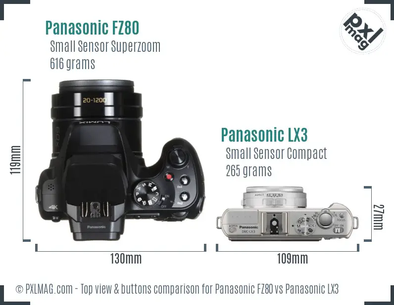 Panasonic FZ80 vs Panasonic LX3 top view buttons comparison