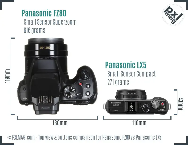 Panasonic FZ80 vs Panasonic LX5 top view buttons comparison