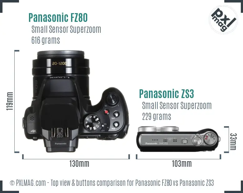 Panasonic FZ80 vs Panasonic ZS3 top view buttons comparison
