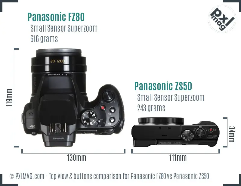Panasonic FZ80 vs Panasonic ZS50 top view buttons comparison
