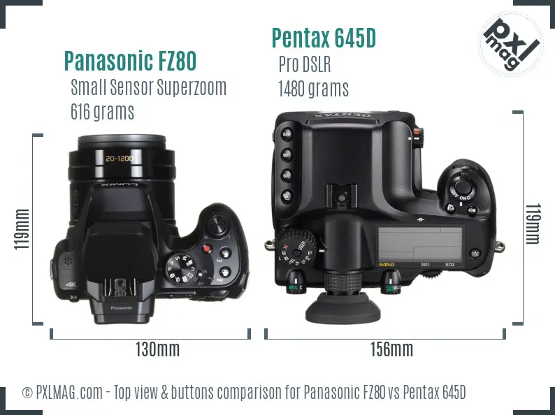 Panasonic FZ80 vs Pentax 645D top view buttons comparison