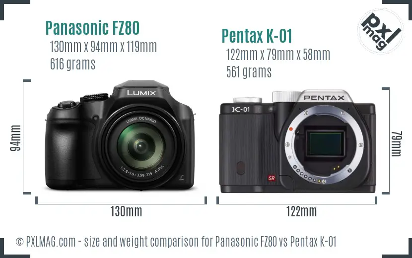 Panasonic FZ80 vs Pentax K-01 size comparison