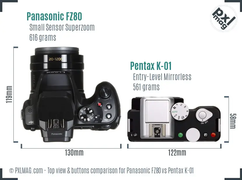 Panasonic FZ80 vs Pentax K-01 top view buttons comparison