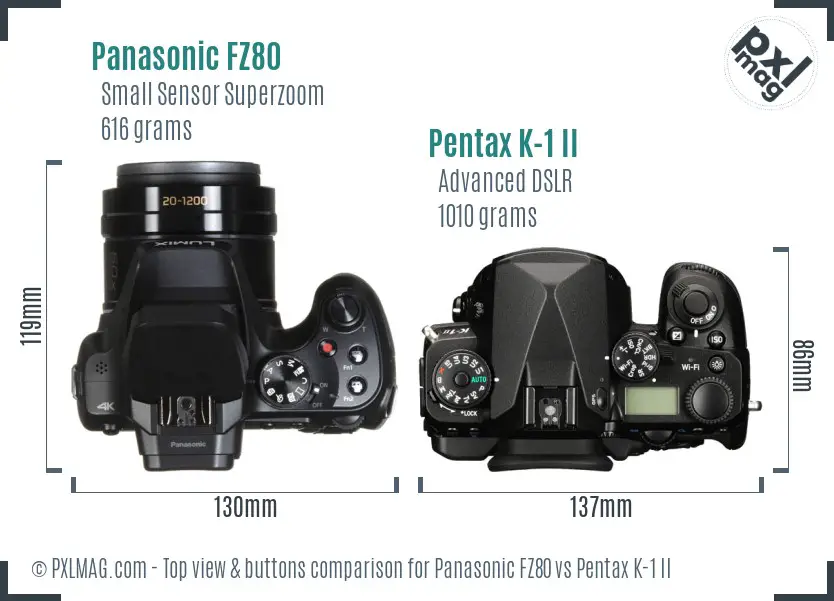 Panasonic FZ80 vs Pentax K-1 II top view buttons comparison