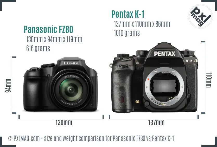 Panasonic FZ80 vs Pentax K-1 size comparison