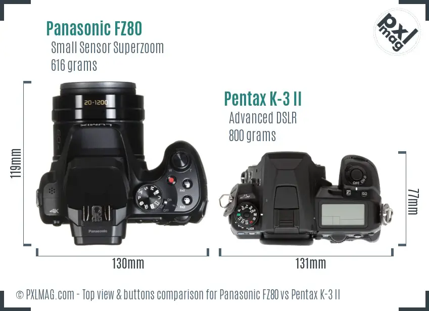 Panasonic FZ80 vs Pentax K-3 II top view buttons comparison