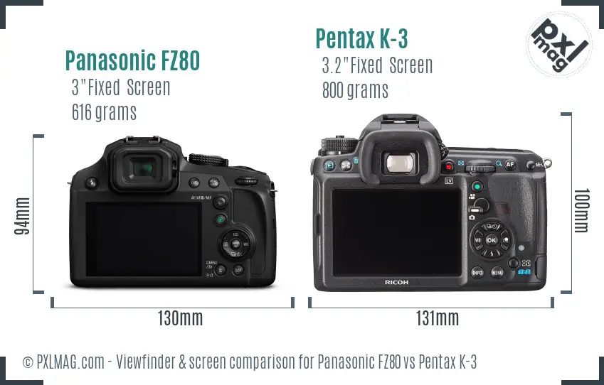 Panasonic FZ80 vs Pentax K-3 Screen and Viewfinder comparison