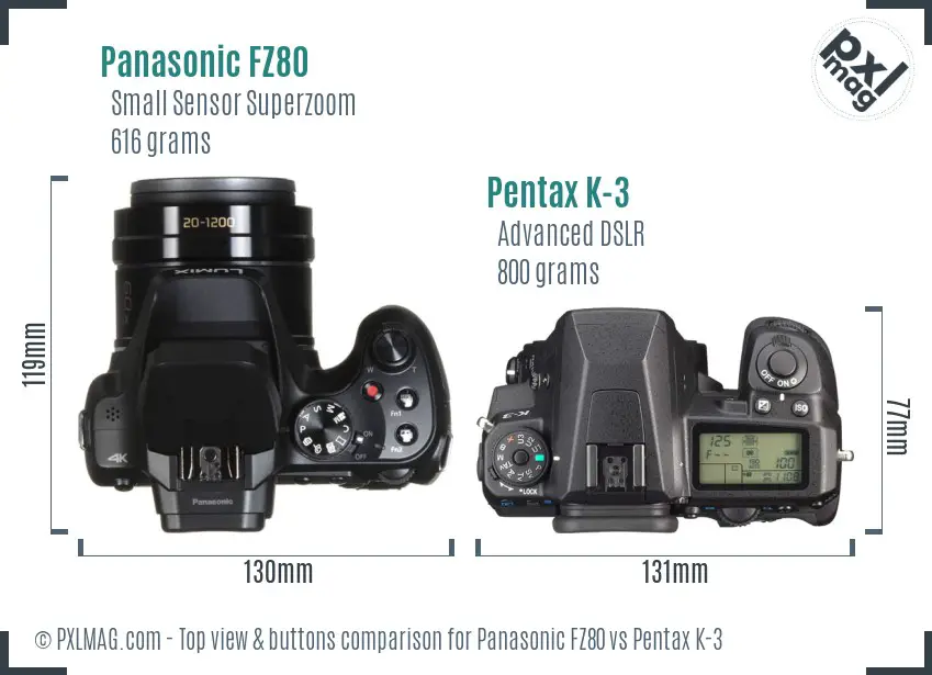 Panasonic FZ80 vs Pentax K-3 top view buttons comparison