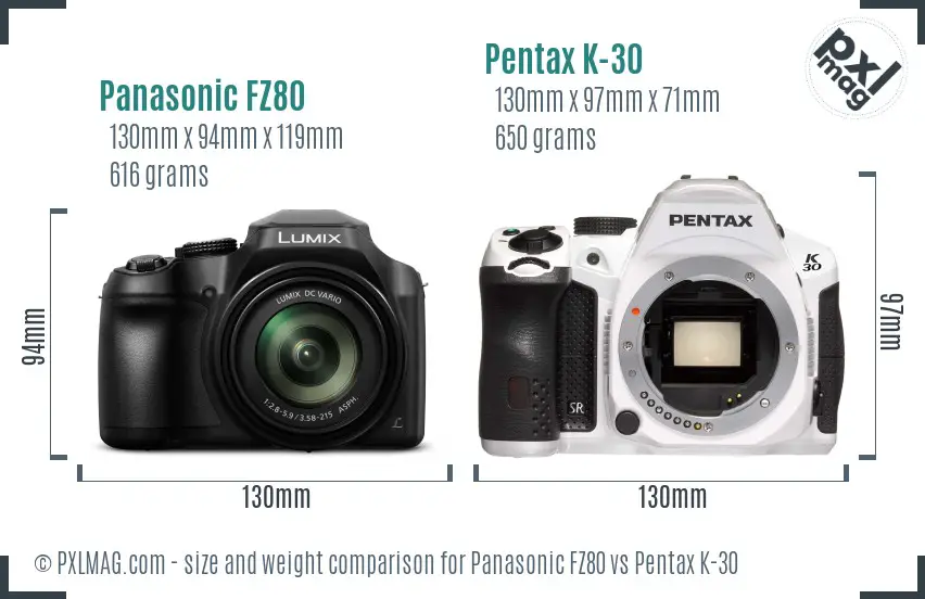 Panasonic FZ80 vs Pentax K-30 size comparison