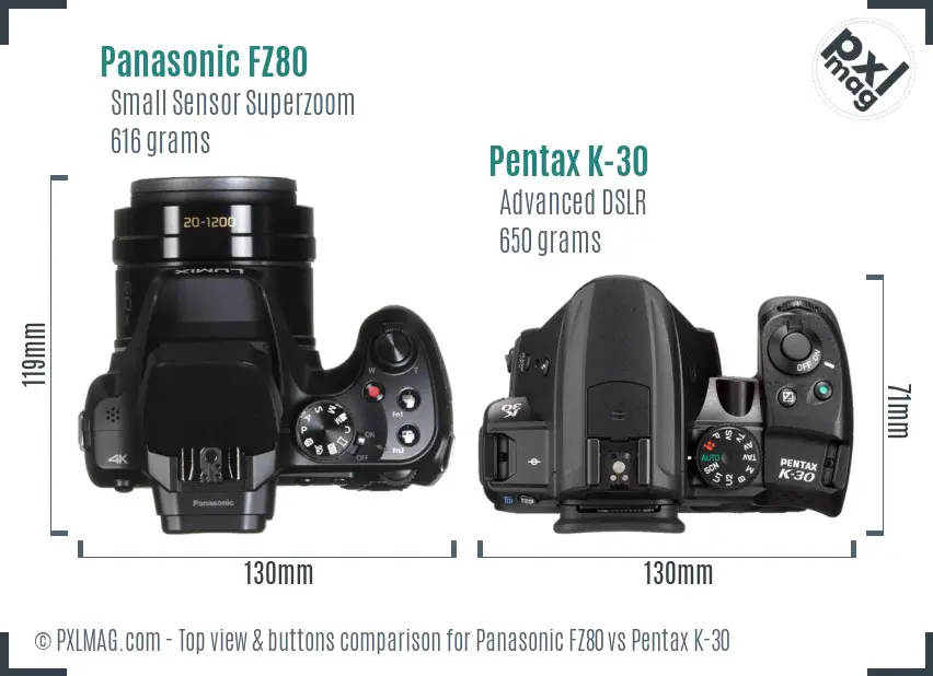 Panasonic FZ80 vs Pentax K-30 top view buttons comparison