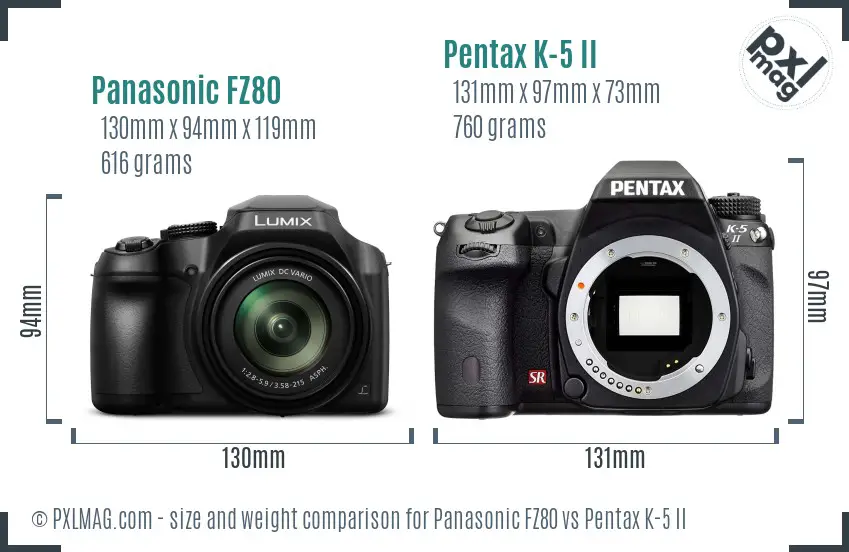 Panasonic FZ80 vs Pentax K-5 II size comparison