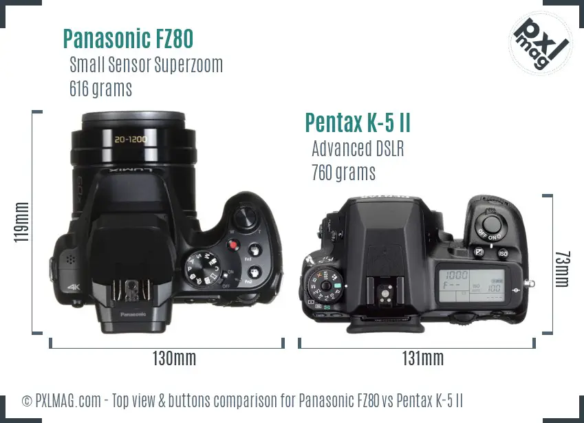 Panasonic FZ80 vs Pentax K-5 II top view buttons comparison