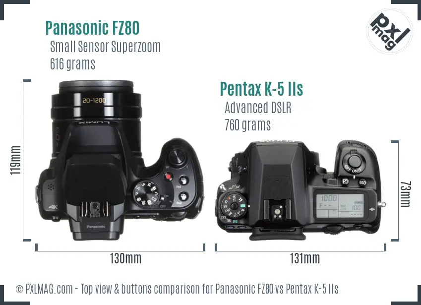 Panasonic FZ80 vs Pentax K-5 IIs top view buttons comparison