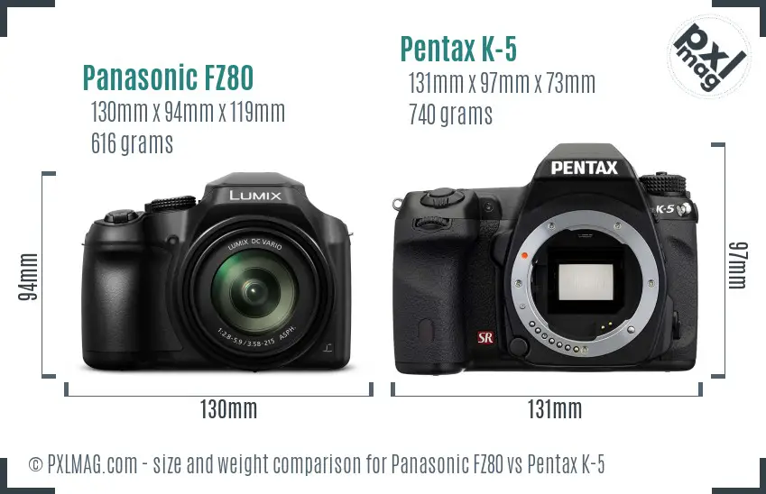Panasonic FZ80 vs Pentax K-5 size comparison