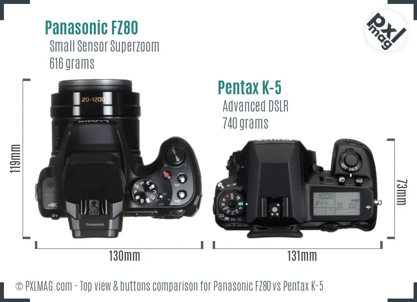 Panasonic FZ80 vs Pentax K-5 top view buttons comparison