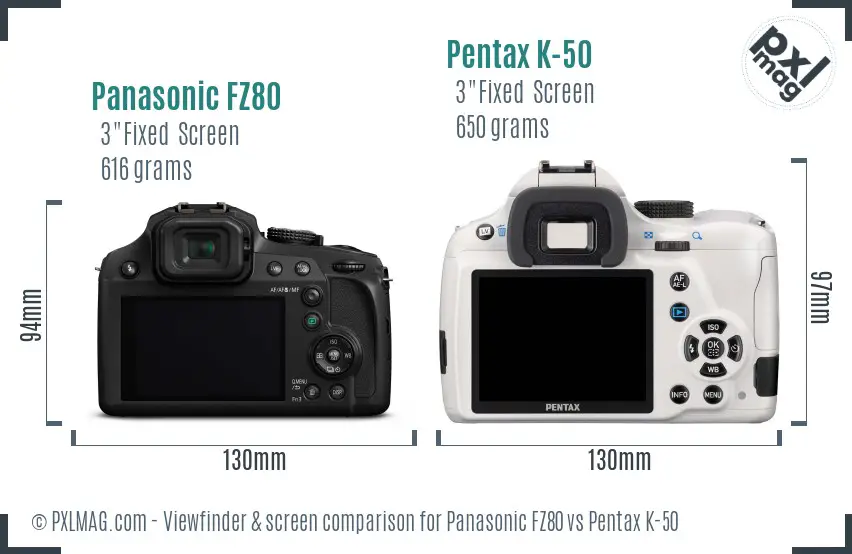 Panasonic FZ80 vs Pentax K-50 Screen and Viewfinder comparison