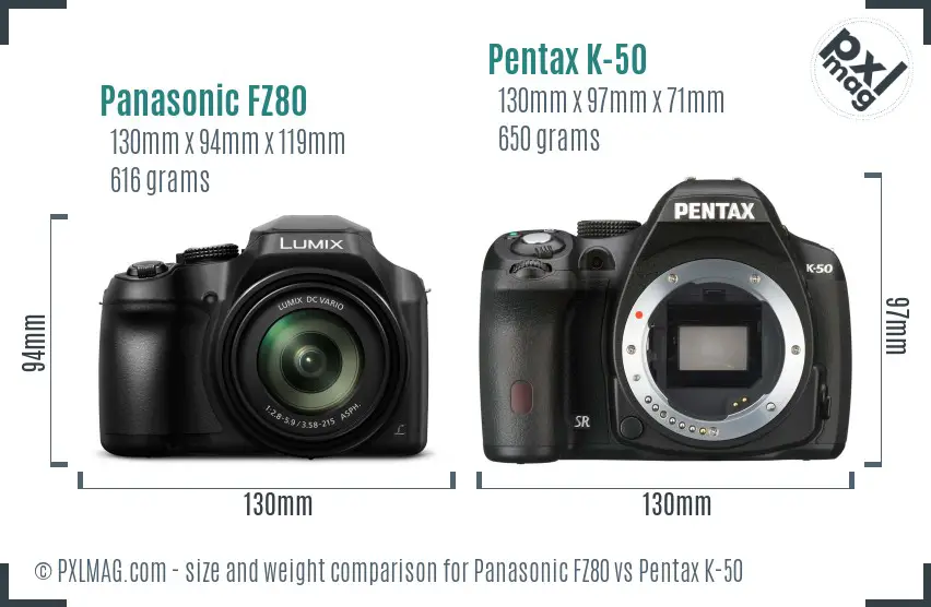 Panasonic FZ80 vs Pentax K-50 size comparison