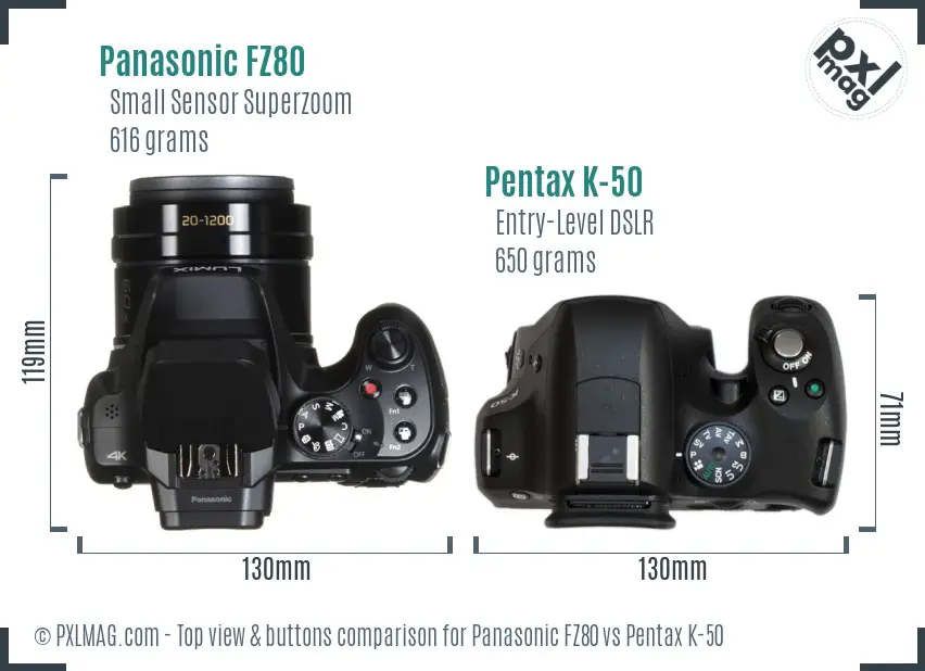 Panasonic FZ80 vs Pentax K-50 top view buttons comparison