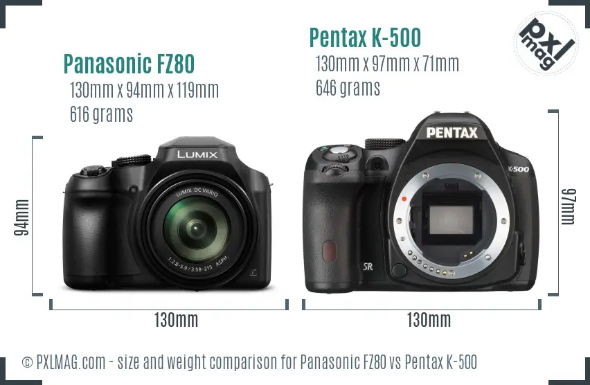Panasonic FZ80 vs Pentax K-500 size comparison