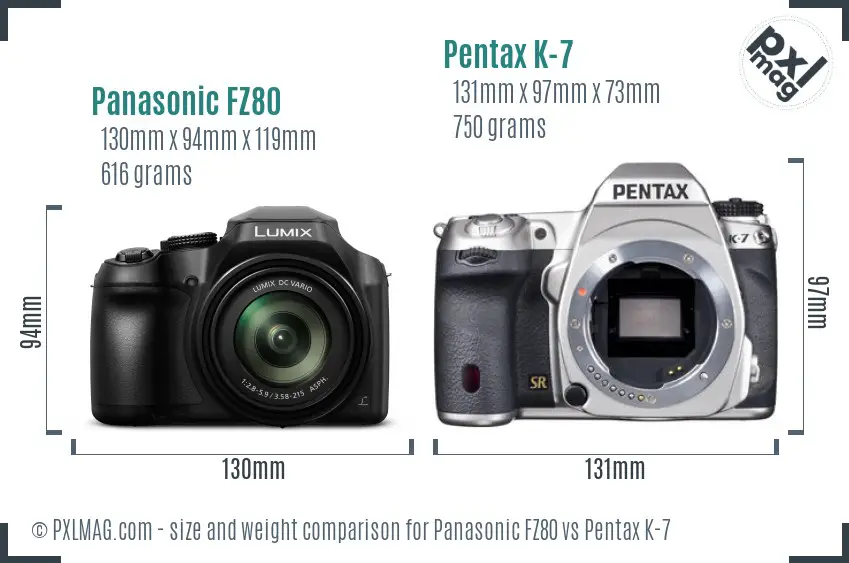 Panasonic FZ80 vs Pentax K-7 size comparison