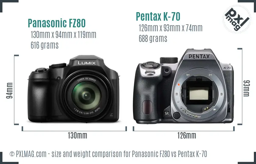 Panasonic FZ80 vs Pentax K-70 size comparison
