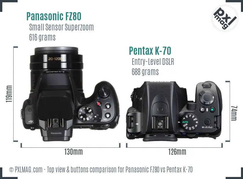 Panasonic FZ80 vs Pentax K-70 top view buttons comparison