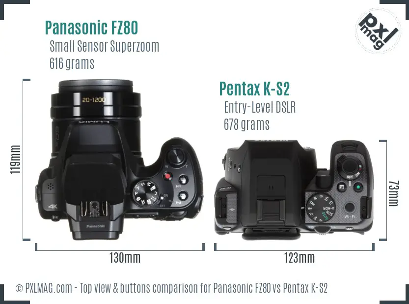 Panasonic FZ80 vs Pentax K-S2 top view buttons comparison