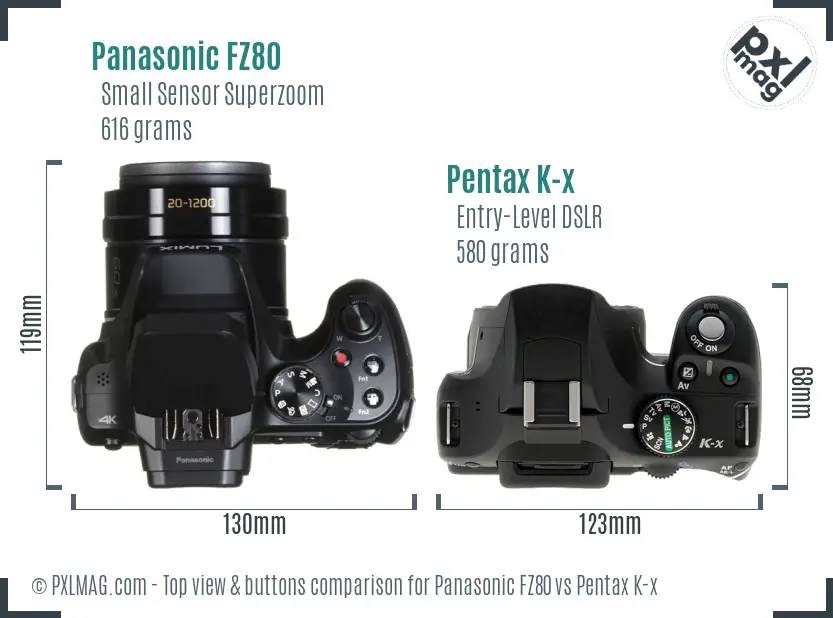 Panasonic FZ80 vs Pentax K-x top view buttons comparison