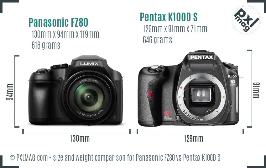 Panasonic FZ80 vs Pentax K100D S size comparison