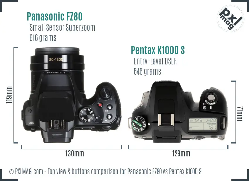 Panasonic FZ80 vs Pentax K100D S top view buttons comparison