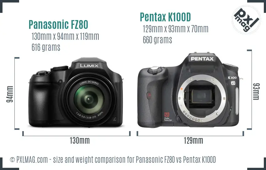 Panasonic FZ80 vs Pentax K100D size comparison