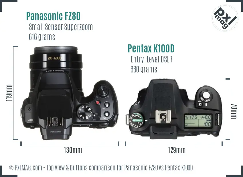 Panasonic FZ80 vs Pentax K100D top view buttons comparison