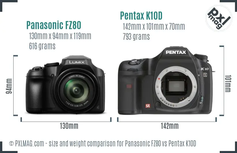 Panasonic FZ80 vs Pentax K10D size comparison