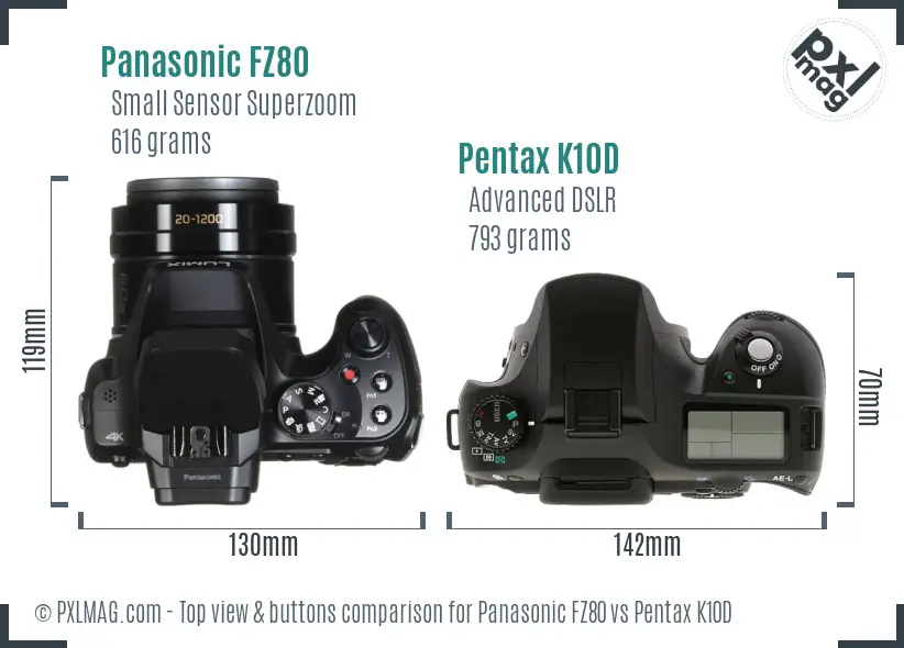 Panasonic FZ80 vs Pentax K10D top view buttons comparison