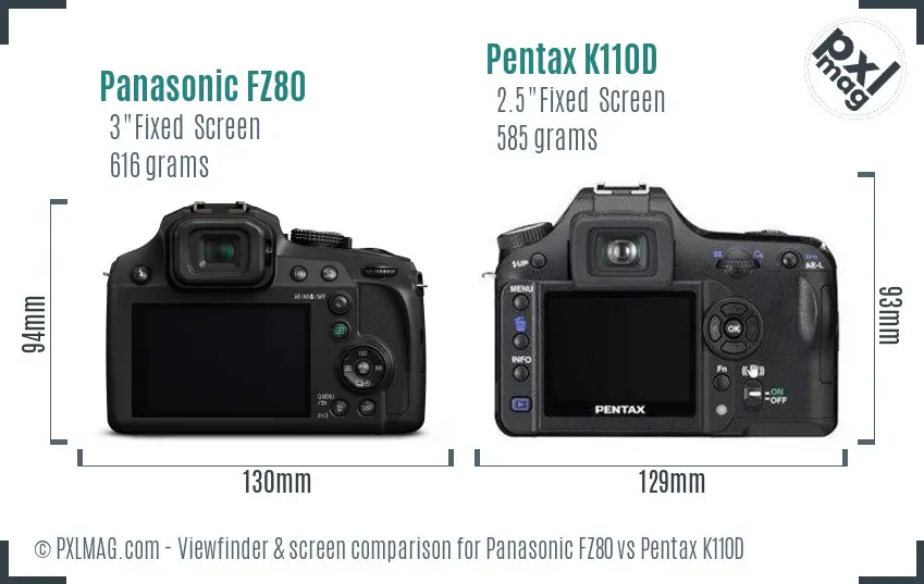 Panasonic FZ80 vs Pentax K110D Screen and Viewfinder comparison