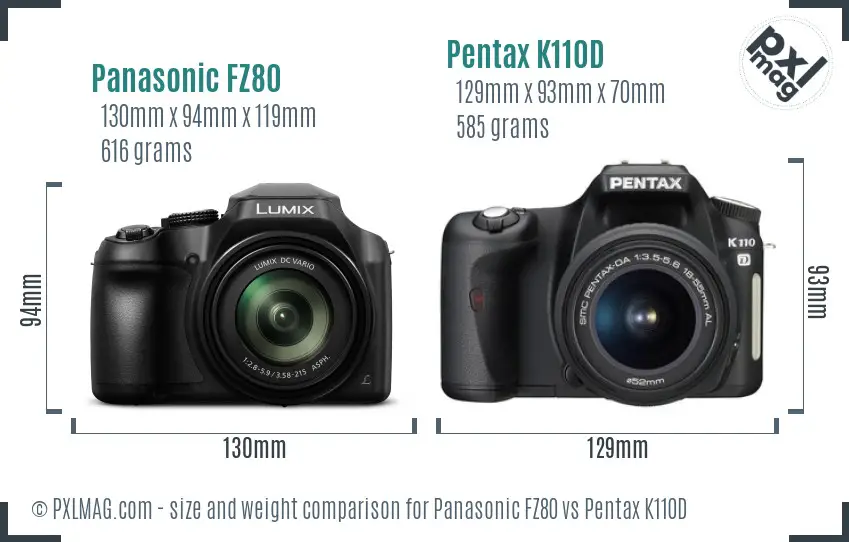 Panasonic FZ80 vs Pentax K110D size comparison