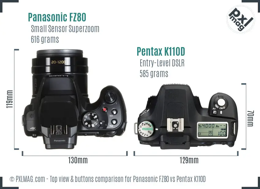 Panasonic FZ80 vs Pentax K110D top view buttons comparison