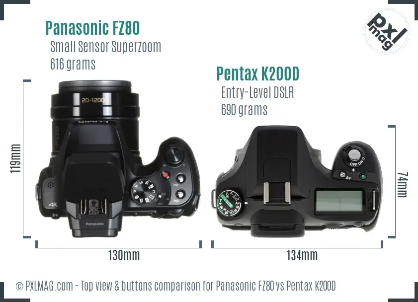 Panasonic FZ80 vs Pentax K200D top view buttons comparison