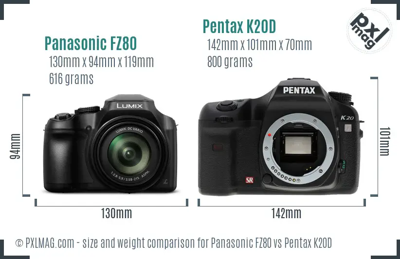 Panasonic FZ80 vs Pentax K20D size comparison