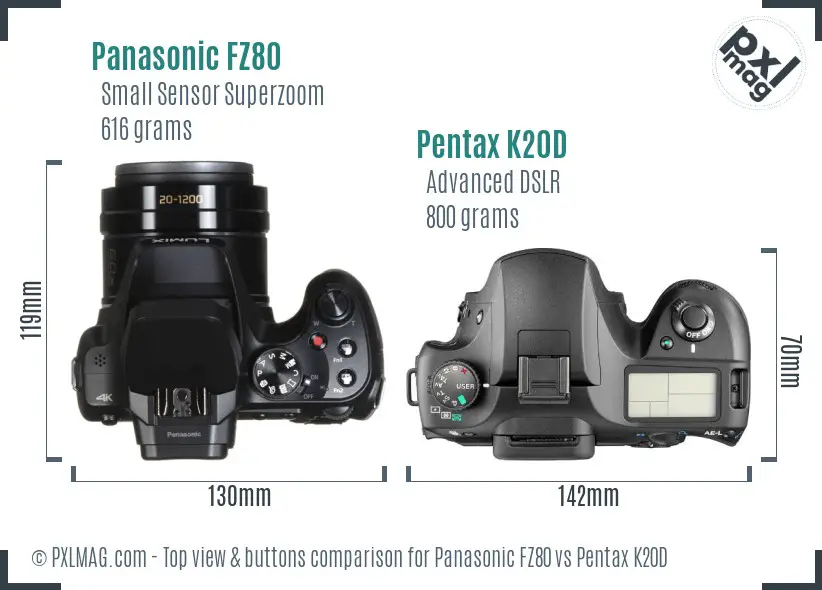 Panasonic FZ80 vs Pentax K20D top view buttons comparison