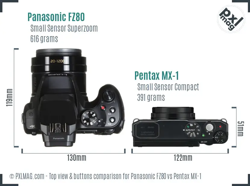 Panasonic FZ80 vs Pentax MX-1 top view buttons comparison