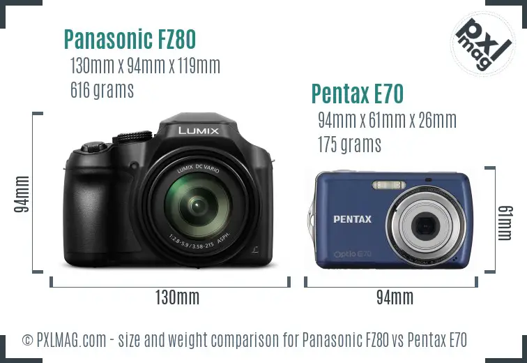 Panasonic FZ80 vs Pentax E70 size comparison