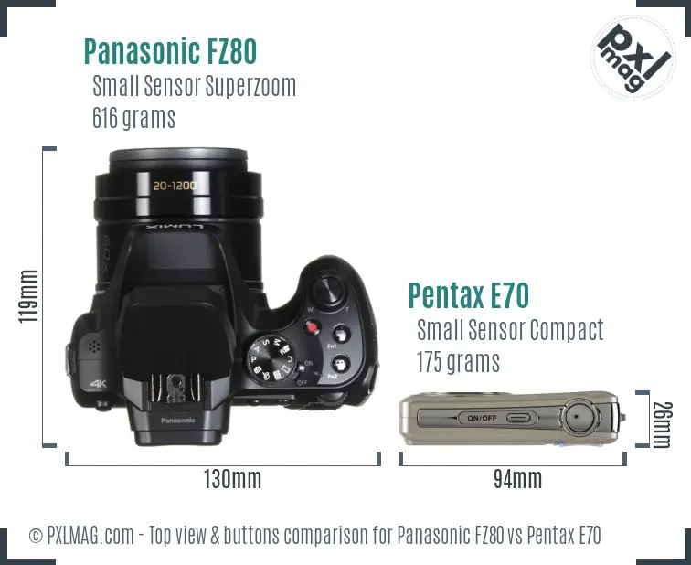 Panasonic FZ80 vs Pentax E70 top view buttons comparison