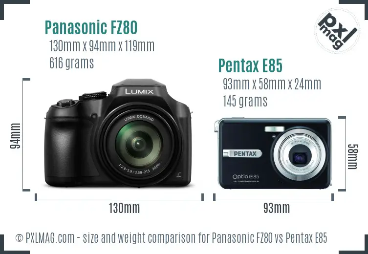 Panasonic FZ80 vs Pentax E85 size comparison