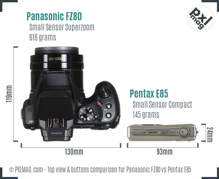 Panasonic FZ80 vs Pentax E85 top view buttons comparison